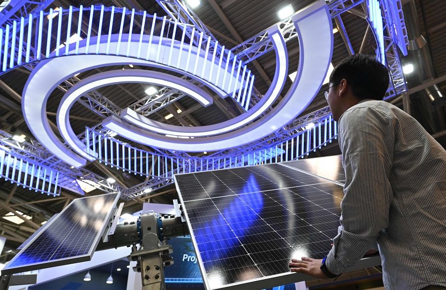 Solar panels are on display at a booth of the Smarter E Europe 2023 fair in Munich, Germany, on 16 June 2023. (Christof Stache/AFP)