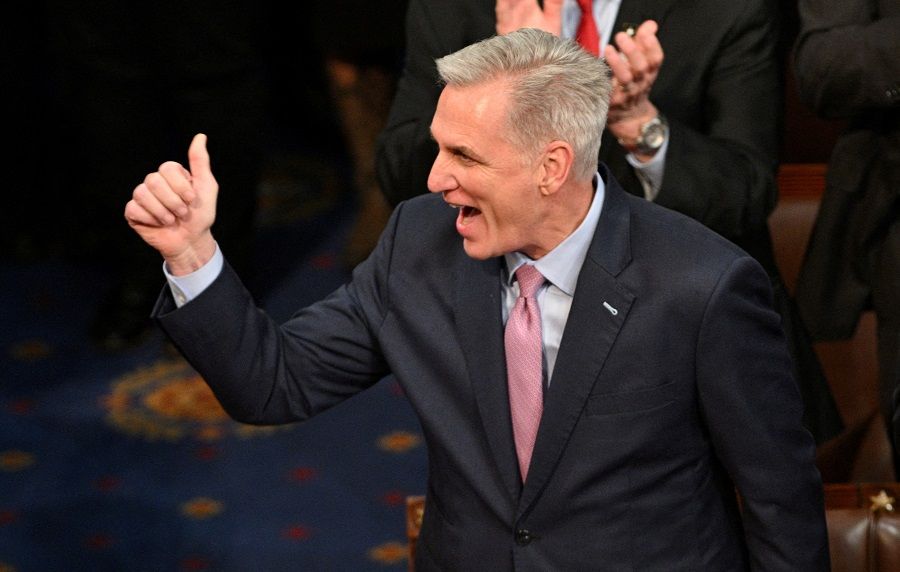 US House Republican Leader Kevin McCarthy celebrates being elected the next Speaker of the US House of Representatives at the US Capitol in Washington, US, 7 January 2023. (Jon Cherry/Reuters)