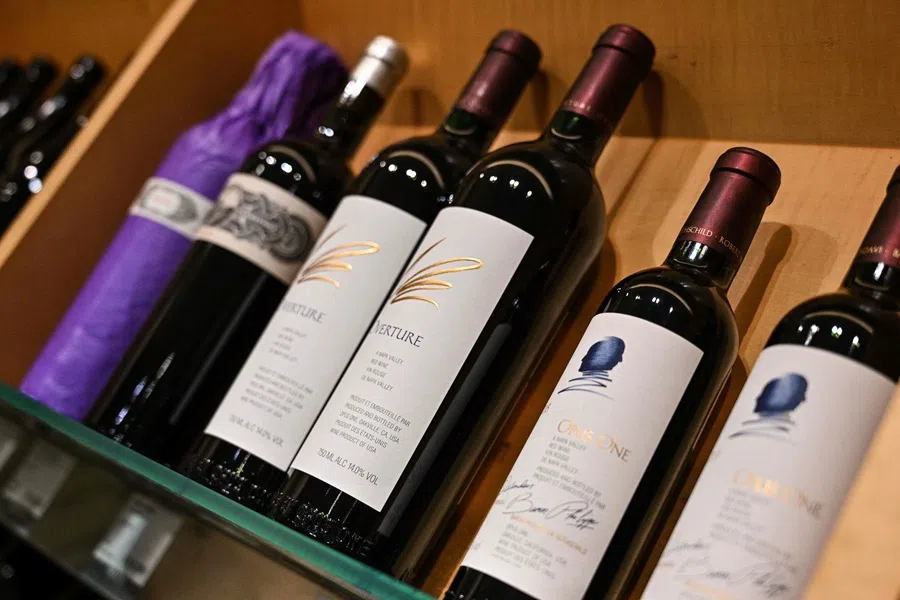 Bottles of wine from California in the US are displayed for sale in a supermarket in the Jing’an district in Shanghai on 10 April 2025. (Hector Retamal/AFP)