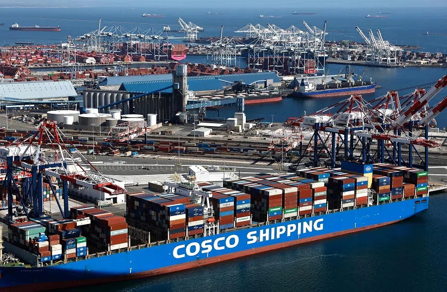 An aerial view of a Cosco Shipping container ship, China’s largest shipping line, loaded with shipping containers in the Port of Long Beach on 3 April 2025 in Long Beach, California. (Mario Tama/AFP)