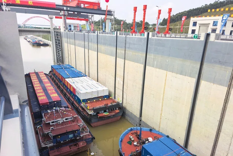 Ships are seen in a lock on the Pinglu Canal in Qinzhou, in China’s southern Guangxi region on 16 September 2026.
