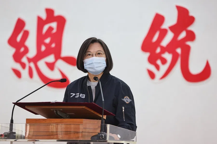 Taiwan President Tsai Ing-wen makes a speech during her visit to a military base in Tainan, Taiwan, 15 January 2021. (Ann Wang/Reuters)