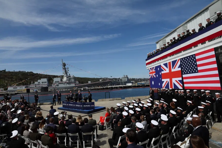 US President Joe Biden, Australian Prime Minister Anthony Albanese and British Prime Minister Rishi Sunak deliver remarks on the AUKUS partnership, after a trilateral meeting, at Naval Base Point Loma in San Diego, California US, 13 March 2023. (Leah Millis/Reuters)