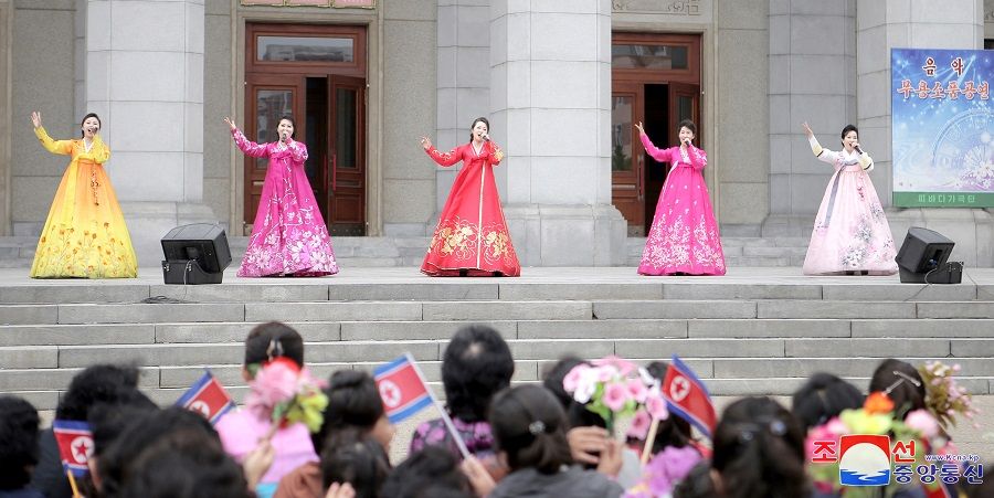  Artists perform on the occasion of the 92nd founding anniversary of the Korean People’s Revolutionary Army, in Pyongyang, North Korea, in this photo released by the North’s official Korean Central News Agency on 26 April 2024. (KCNA via Reuters)