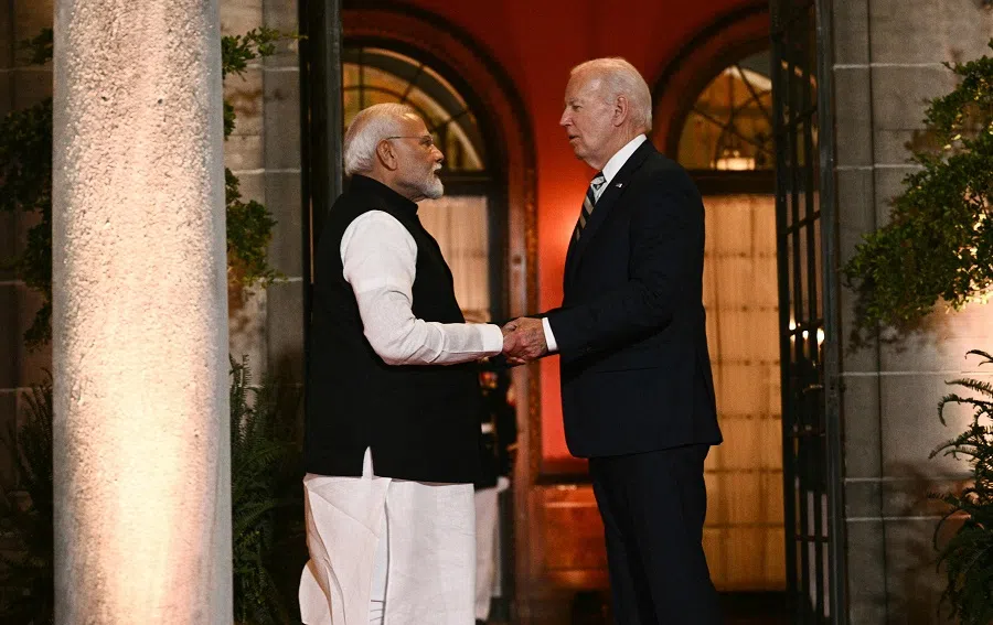 US President Joe Biden bids farewell to Indian Prime Minister Narendra Modi at the end of the Quadrilateral summit at the Archmere Academy in Wilmington, Delaware, on 21 September 2024.  (Brendan Smialowski/AFP)