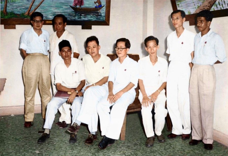 Singapore's first Cabinet following self-government, 1959, including Finance Minister Goh Keng Swee (second from left), Prime Minister Lee Kuan Yew (fourth from left), and Home Affairs Minister Ong Pang Boon (second from right).