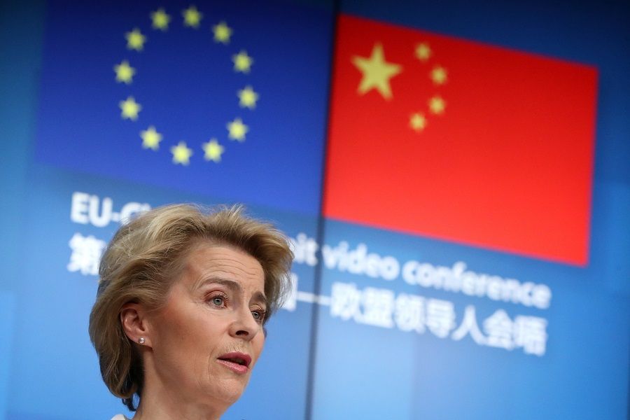 European Commission President Ursula von der Leyen attends a news conference following a virtual summit with Chinese President Xi Jinping, in Brussels, Belgium, on 22 June 2020. (Yves Herman/Pool/Reuters)
