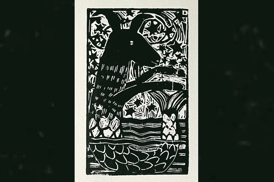 A Capricorn woodcut created by artist Xavier Wei.