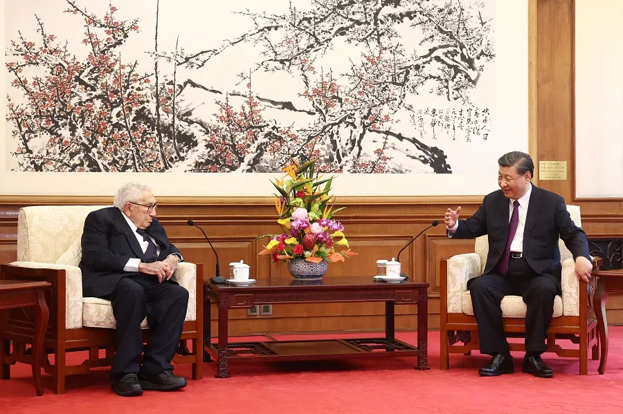 China's President Xi Jinping (right) speaks with former US Secretary of State Henry Kissinger during a meeting in Beijing on 20 July 2023. (CNS/AFP)