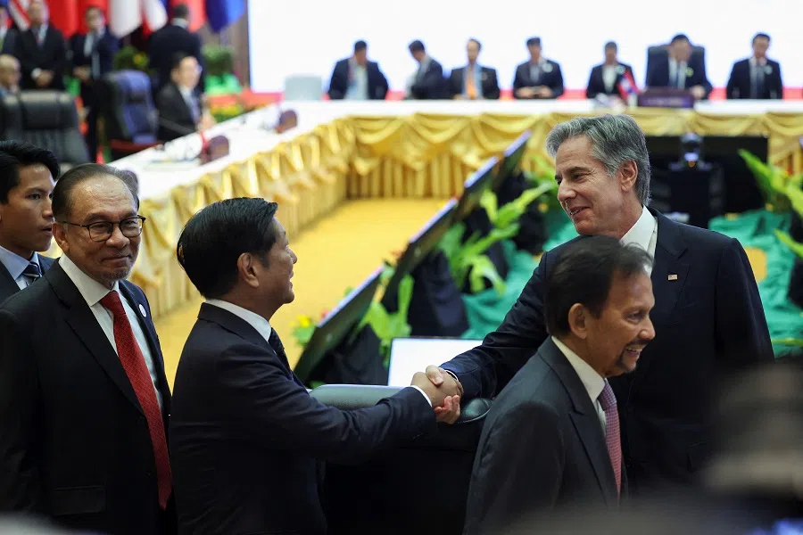US Secretary of State Antony Blinken meets Philippines’ President Ferdinand Marcos Jr. and Malaysia’s Prime Minister Anwar Ibrahim as they attend the 12th ASEAN-US Summit at the National Convention Centre, in Vientiane, Laos, 11 October 2024. (Athit Perawongmetha/Reuters)