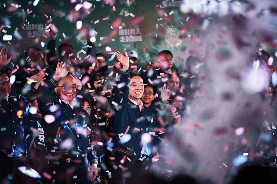 Lai Ching-te, Taiwan's president-elect (centre), at an election night rally outside the Democratic Progressive Party headquarters in Taipei, Taiwan, on 13 January 2024. (An Rong Xu/Bloomberg)