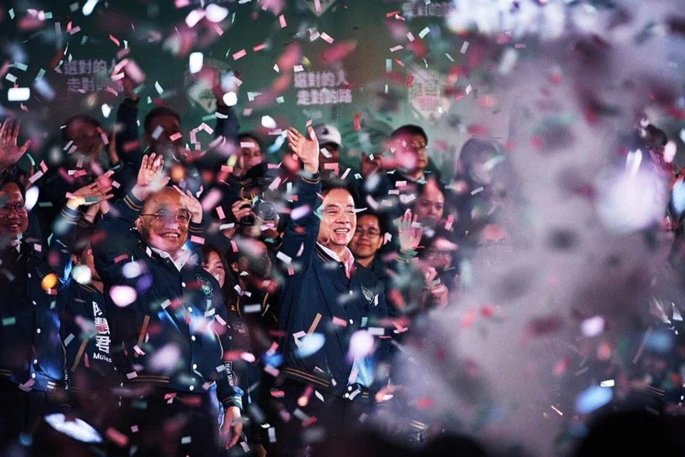 Lai Ching-te, Taiwan's president-elect (centre), at an election night rally outside the Democratic Progressive Party headquarters in Taipei, Taiwan, on 13 January 2024. (An Rong Xu/Bloomberg)