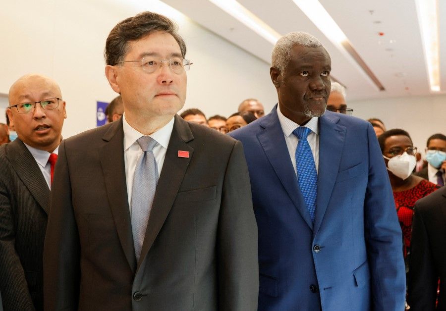 China's Foreign Minister Qin Gang and the African Union Commission (AUC) chairperson, Moussa Faki arrive for the inauguration of the new Africa Centres for Disease Control and Prevention headquarters, which China is building and equipping in Addis Ababa, Ethiopia, 11 January 2023. (Tiksa Negeri/Reuters)