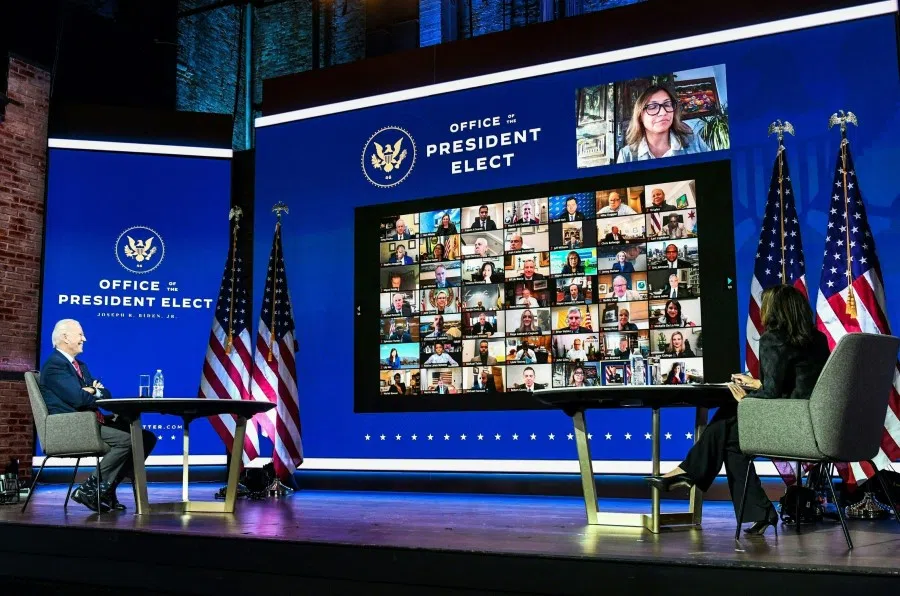 US President-elect Joe Biden with Vice President-elect Kamala Harris participates in a virtual meeting with the United States Conference of Mayors at the Queen in Wilmington, Delaware, on 23 November 2020. (Chandan Khanna/AFP)