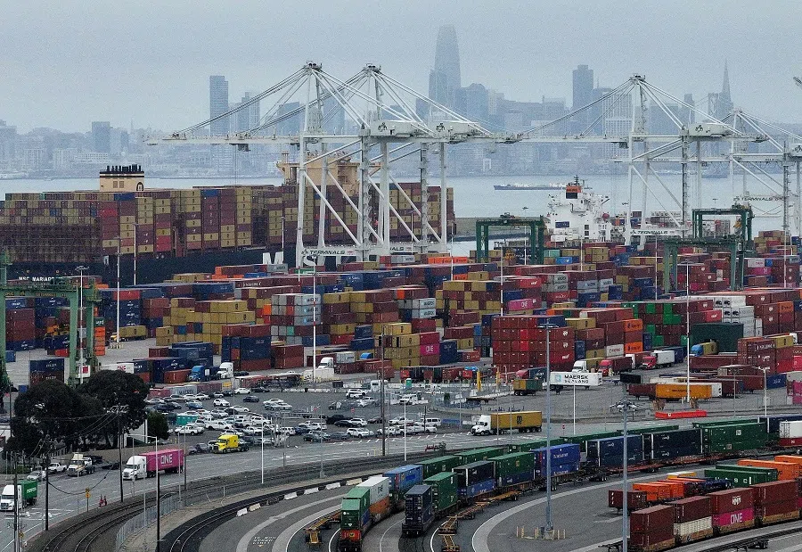 An aerial view of the Port of Oakland on 18 April 2025 in Oakland, California, US. (Justin Sullivan/Getty Images/AFP)