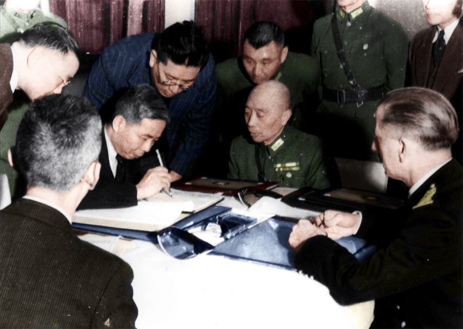 In February 1946, Chinese Minister of Foreign Affairs Wang Shi-jie (signee) and the French ambassador to China Jacques Meyrier signed the Sino-French Treaty for Relinquishment of Extra-territoriality and Related Rights in China. The French and Chinese retroactively signed the treaty after the Second World War as France was occupied by Germany during the war.