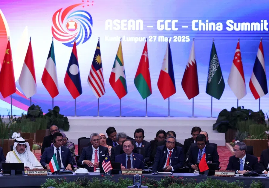 Malaysian Prime Minister Anwar Ibrahim delivers a keynote speech during the ASEAN-GCC-China Summit at the Kuala Lumpur Convention Centre in Kuala Lumpur, Malaysia, on 27 May 2025. (Hasnoor Hussain/Reuters)