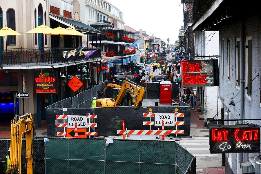 Bourbon Street is blocked to traffic as workers start removing older models of traffic bollards, which the city started to replace, three days after a US Army veteran drove his truck into the crowded French Quarter on New Year’s Day in New Orleans, Louisiana, US, on 4 January 2025. (Octavio Jones/Reuters)
