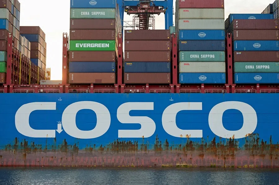 A cargo ship of Chinese shipping company COSCO is loaded at the container terminal at the port in Hamburg, Germany on 25 October 2022. (Fabian Bimme/Reuters)