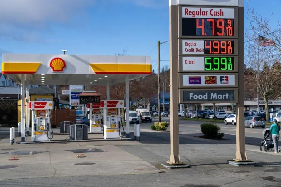 Prices for unleaded gasoline and diesel fuel displayed at a Shell gas station in Seattle, Washington, US, on 9 March 2026. (M. Scott Brauer/Bloomberg)