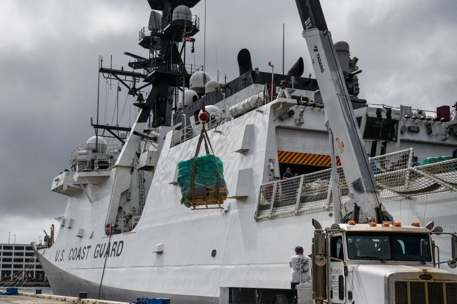 A US Coast Guard vessel at the Port Everglades in Fort Lauderdale, Florida on 17 February 2022. (Chandan Khanna/AFP)