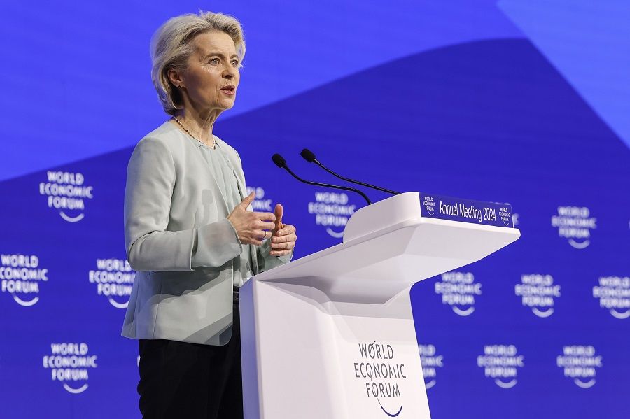 Ursula von der Leyen, president of the European Commission, delivers a special address on the opening day of the World Economic Forum in Davos, Switzerland, on 16 January 2024. (Stefan Wermuth/Bloomberg)