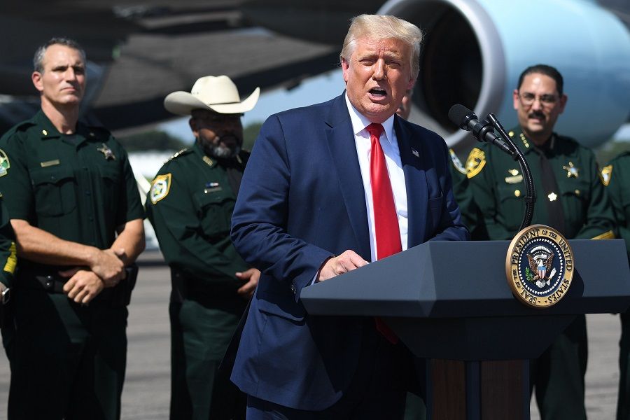 US President Donald Trump speaks at a Campaign Coalitions Event with Florida Sheriffs in Tampa, Florida, 31 July 2020. (Saul Loeb/AFP)