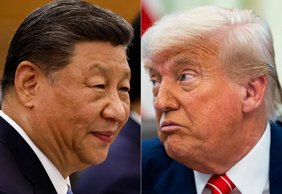 This combination of pictures created on 4 June 2025 shows, from left to right, Chinese President Xi Jinping at the Great Hall of the People in Beijing on 13 May 2025 and US President Donald Trump in the Oval Office of the White House in Washington, DC, on 30 May 2025.