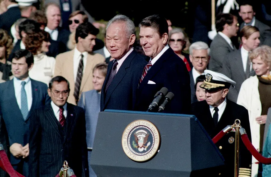 US President Ronald Reagan and Singapore's Prime Minister Lee Kuan Yew, during an official welcoming ceremony at the South Lawn of the White House in Washington, US, on 8 October 1985. (SPH Media)