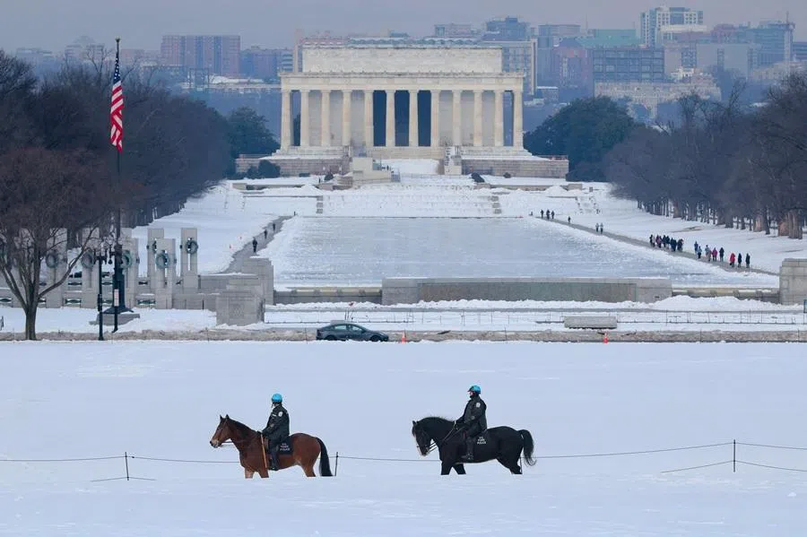 US Park Police on a mounted patrol of the National Mall near the Lincoln Memorial on 6 February 2026 in Washington, DC, US. (Chip Somodevilla/Getty Images via AFP)