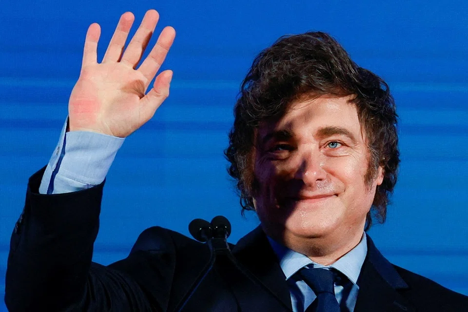 Argentina’s President Javier Milei gestures during the festival Atreju, organised by Italian Prime Minister Giorgia Meloni’s Brothers of Italy (Fratelli d’Italia) right-wing party, in Rome, Italy, on 14 December 2024. (Ciro De Luca/Reuters)