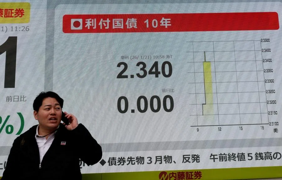 A man uses a phone in front of an electronic board displaying Japan’s 10-year government bonds level outside a brokerage in Tokyo, Japan, on 21 January 2026. (Kim Kyung-Hoon/Reuters)
