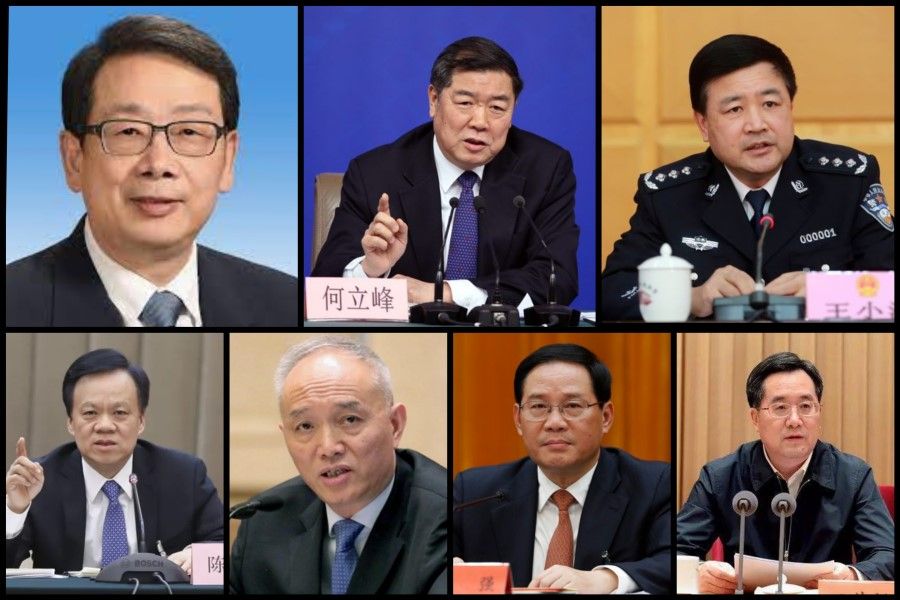 Xi Jinping has built his own clique. (Top row, from left) Chen Xi, He Lifeng, Wang Xiaohong. (Bottom row, from left) Chen Min'er, Cai Qi, Li Qiang, Ding Xuexiang. (Internet)