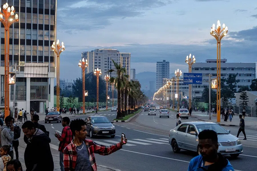 People take selfies at the newly planted trees and light installations in Addis Ababa, Ethiopia on 27 July 2024. (Amanuel Sileshi/AFP)