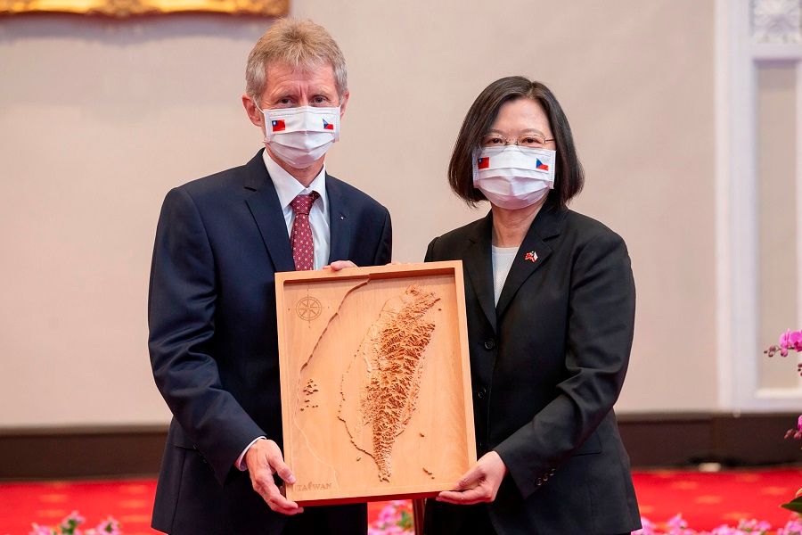 This handout photo taken and released on 3 September 2020 by Taiwan's Presidential Office shows Czech Senate Speaker Miloš Vystrčil receiving a map of Taiwan from Taiwan President Tsai Ing-wen at the Presidential Office in Taipei. (Handout/Taiwan Presidential Office/AFP)