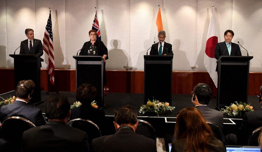 (Left to right) US Secretary of State Antony Blinken, Australia's Foreign Minister Marise Payne, India's Foreign Minister Subrahmanyam Jaishankar and Japan's Foreign Minister Yoshimasa Hayashi take part in a press conference at the end of the Quadrilateral Security Dialogue (Quad) foreign ministers meeting in Melbourne on 11 February 2022. (William West/AFP)