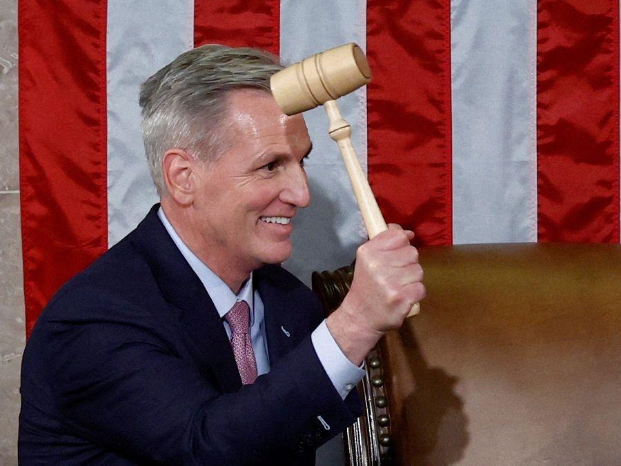 US House Republican Leader Kevin McCarthy wields the Speaker's gavel after being elected the next Speaker of the US House of Representatives at the US Capitol in Washington, US, 7 January 2023. (Evelyn Hockstein/Reuters)