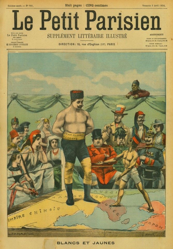 This picture shows a pugilistic ring, depicting Europeans' worldview and how they saw the Russo-Japanese War. The two contestants stand on their respective territories, with the huge, burly Russian wearing a belt saying "European champion", hands behind his back, looking down on his opponent who barely reaches his waist. In the decade before the Russo-Japanese War, Russia's annual military spending went up by 48%, while its navy spending increased 100% or more; War Minister Aleksey Kuropatkin even wrote to the Tsar guaranteeing an easy victory. In contrast, the scrawny Japanese has a faded "Asian champion" on his shorts, and his feet straddle Japan and the Korean peninsula. He has apparently expended much energy but still has his head held high and fists raised up in challenge. The Chinese in the top right does not even have the right to get in and watch the match, but can only climb the wall and peek in, in a show of "neutrality", even though Japan and Russia are fighting on his land.