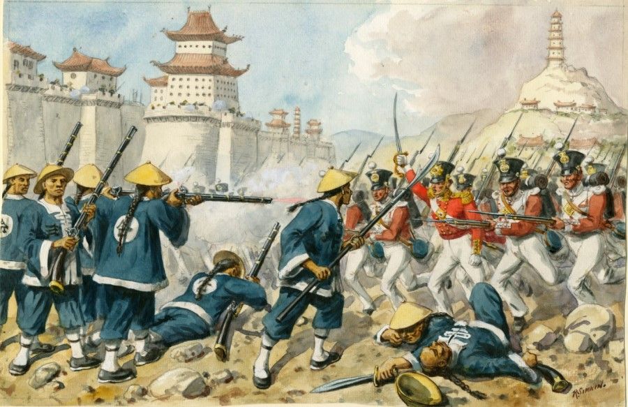 The 98th Regiment of Foot at the attack on Chin-Kiang-Foo (Zhenjiang), 21 July 1842, effecting the defeat of the Manchu government. Watercolour by military illustrator Richard Simkin (1840-1926).