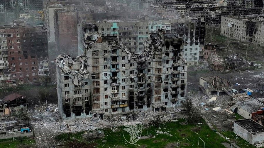An aerial view shows destruction in the frontline city of Bakhmut, amid Russia's attack on Ukraine, in Donetsk region, Ukraine, in this handout picture released on 21 May 2023. (Press Service of the 93rd Kholodnyi Yar Separate Machanized Brigade of the Ukrainian Armed Forces/Handout via Reuters)