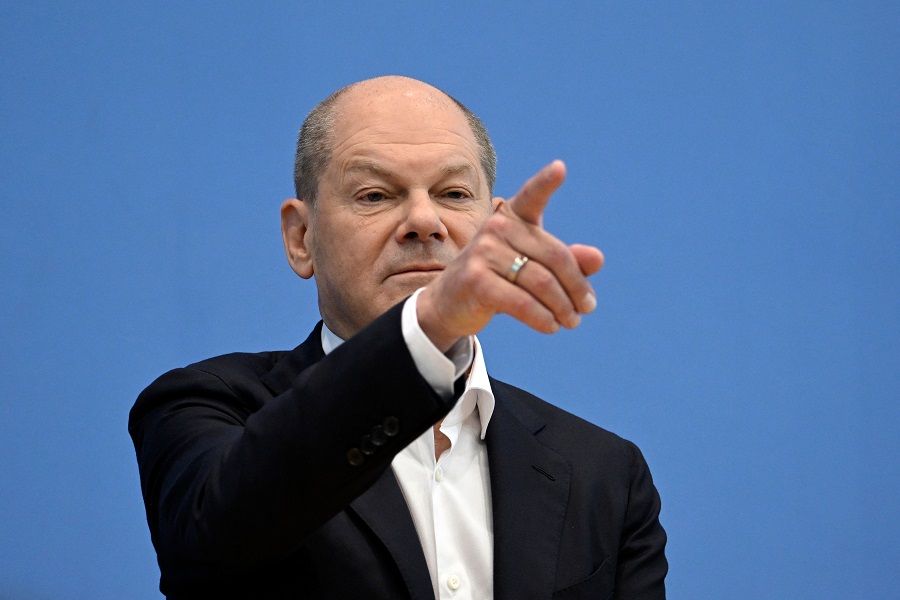 German Chancellor Olaf Scholz gestures as he addresses a summer press conference on domestic policy and diplomacy in Berlin, Germany, on 14 July 2023. (Tobias Schwarz/AFP)