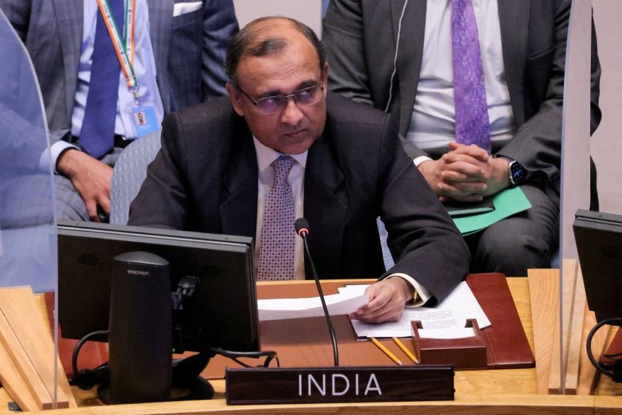 India's ambassador to the UN T.S. Tirumurti addresses the UNSC during a meeting at the UN Headquarters in Manhattan, New York City, New York, US, 5 April 2022. (Andrew Kelly/Reuters)