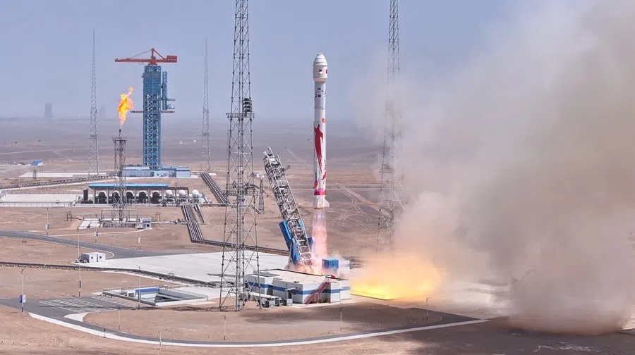 The Zhuque-2E Y2 carrier rocket, a methane-powered rocket developed by LandSpace Technology, takes off from the Jiuquan Satellite Launch Center to launch six satellites into orbit, in China, in this screenshot from a handout video released on 17 May 2025. (Landspace/Handout via Reuters)