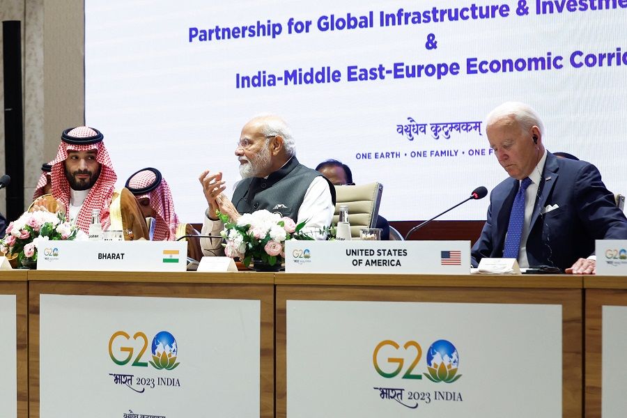 Saudi Arabian Crown Prince Mohammed bin Salman Al Saud, Indian Prime Minister Narendra Modi and US President Joe Biden attend the Partnership for Global Infrastructure and Investment event on the day of the G20 summit in New Delhi, India, 9 September 2023. (Evelyn Hockstein/Pool/Reuters)