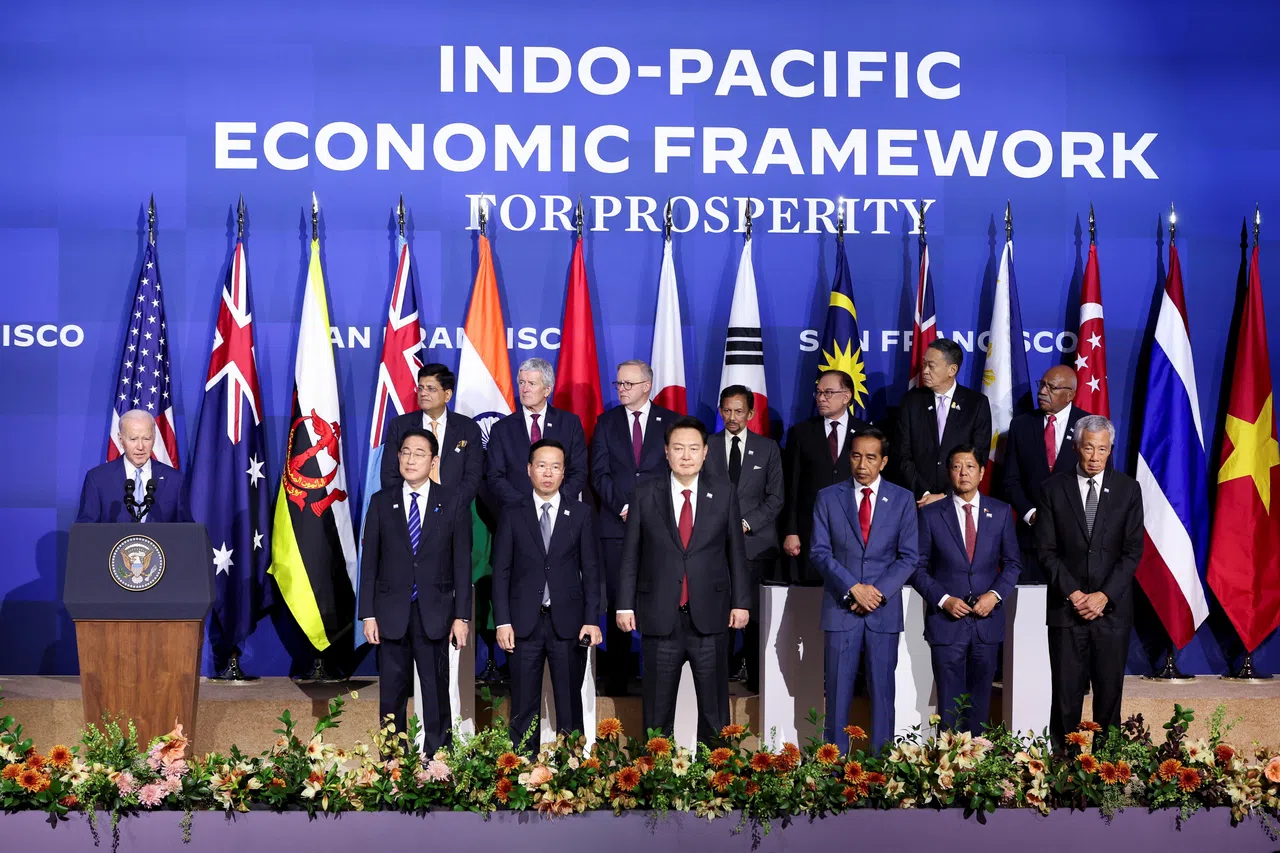 World leaders at the Indo-Pacific Economic Framework (IPEF) Leaders event at the Asia-Pacific Economic Cooperation (APEC) CEO Summit in San Francisco, California, US, on 16 November 2023. (Brittany Hosea-Small/Reuters)