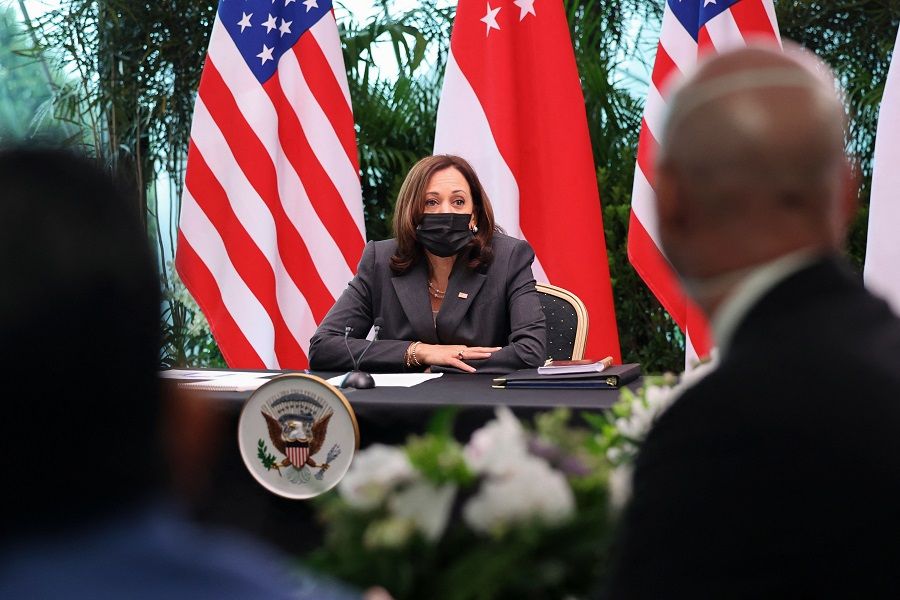 US Vice President Kamala Harris attends a roundtable at Gardens by the Bay in Singapore before departing for Vietnam on the second leg of her Asia trip, 24 August 2021. (Evelyn Hockstein/Pool/AFP)