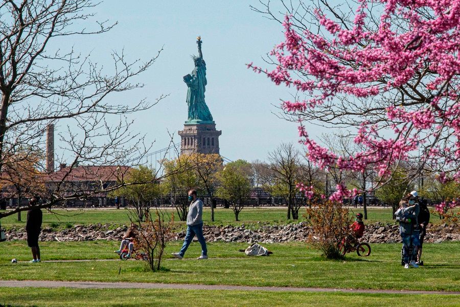 People visit Liberty State Park in Jersey City, New Jersey, on 2 May 2020. (Kena Betancur/AFP)