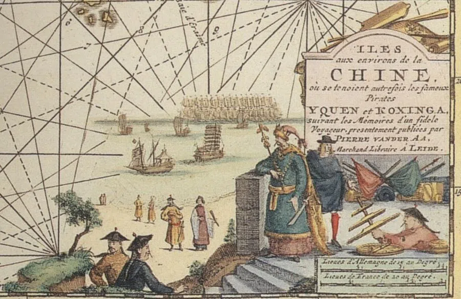 This illustration is part of a map titled “Islands around China where the famous pirates Yquen (Zheng Zhilong) and Koxinga (Zheng Chenggong) once stood, according to the memoirs of a loyal traveller” by Pieter van der Aa, published 1714. The figure with his right arm on the wall is Zheng Zhilong. (Wikimedia)