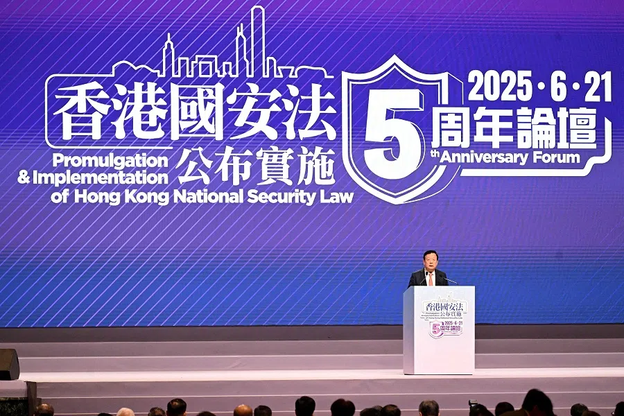 Xia Baolong, director of the Hong Kong and Macau Affairs Office, speaks at the Opening Ceremony of 5th Anniversary of Promulgation & Implementation of Hong Kongs National Security Law Forum in Hong Kong on 21 June 2025. (Peter Parks/AFP)