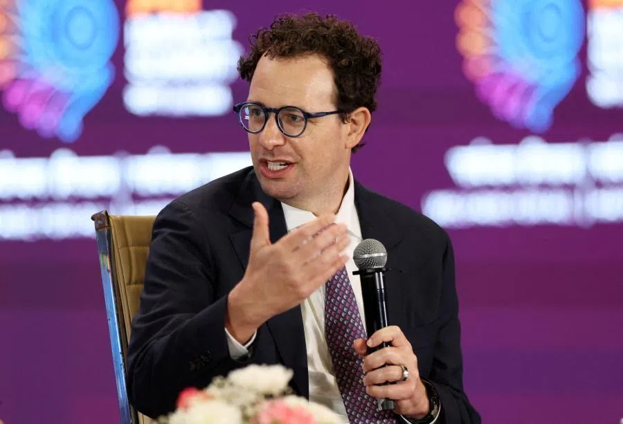 CEO of Anthropic Dario Amodei, addresses the gathering at the AI Impact Summit, in New Delhi, India, on 19 February 2026. (Bhawika Chhabra/Reuters)